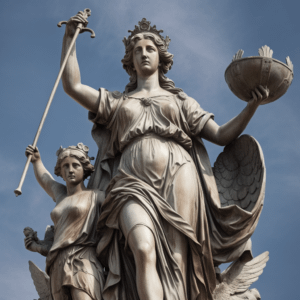 Statue of Lady Justice in front of a clear blue sky