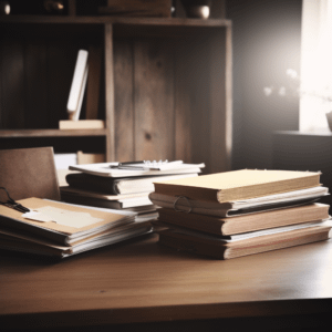 Records for civil court case on wooden desk