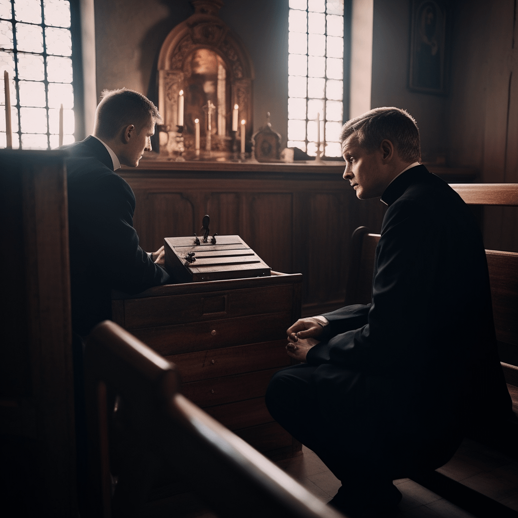 A priest speaking to another priest inside a church