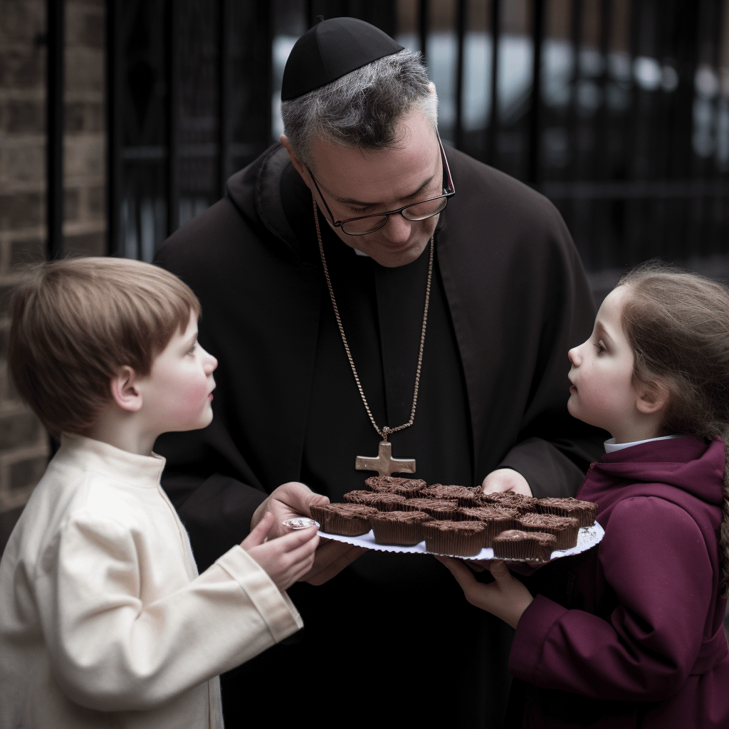 A priest offering sweets to two very young children