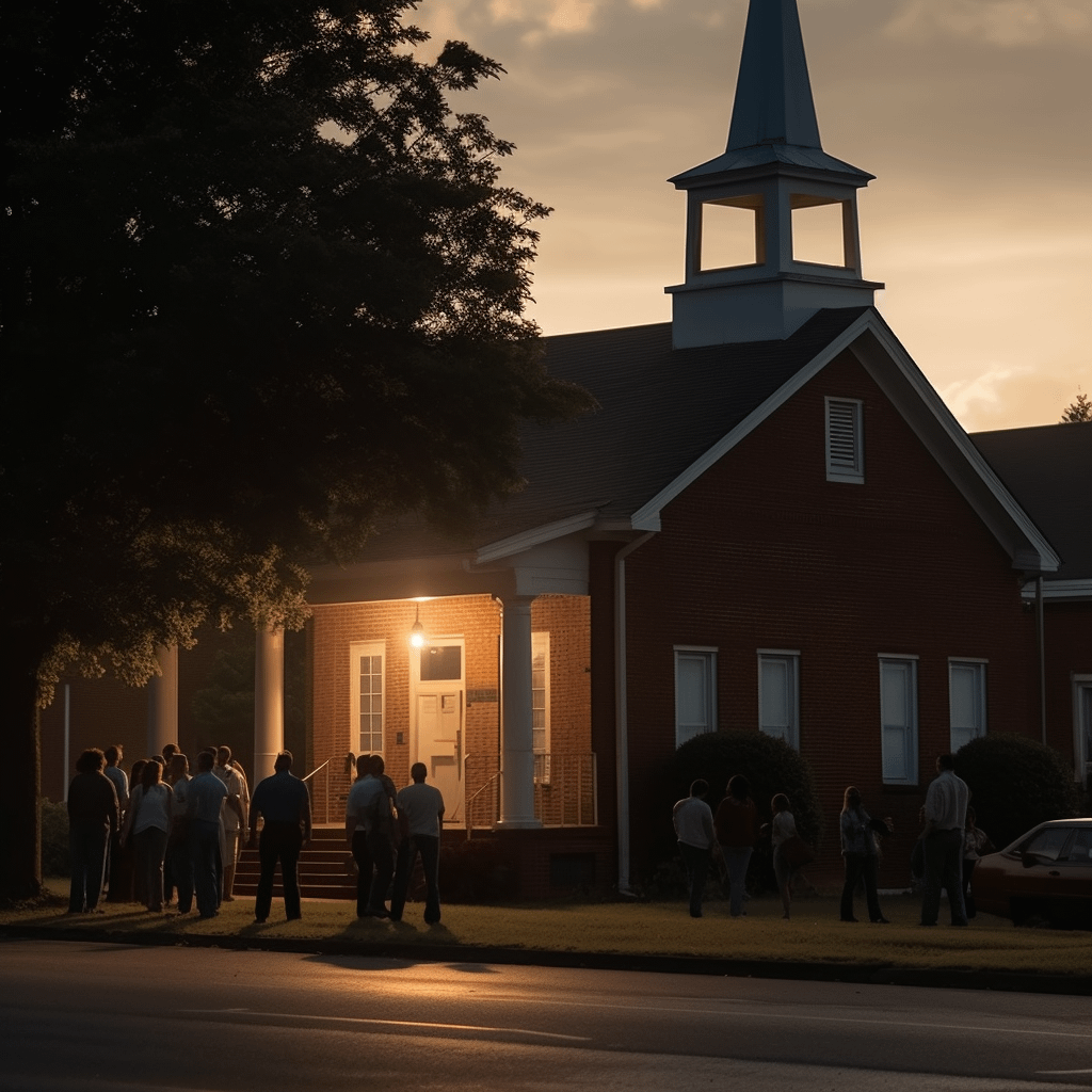 A church. We can see several churchgoers standing outside