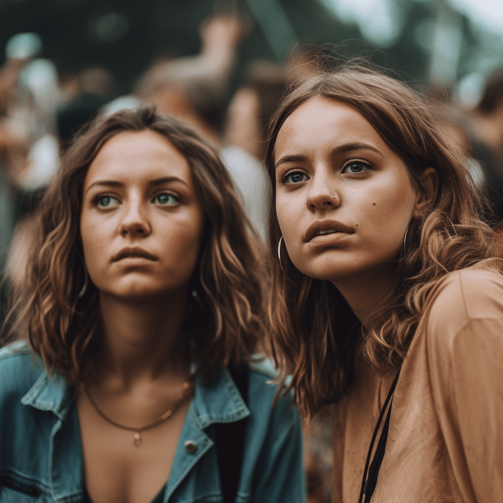 Two young women looking at something fearfully