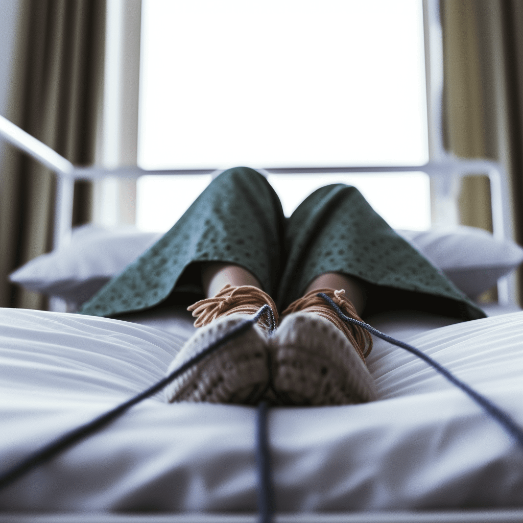 A person's feet can be seen, tied to a hospital bed