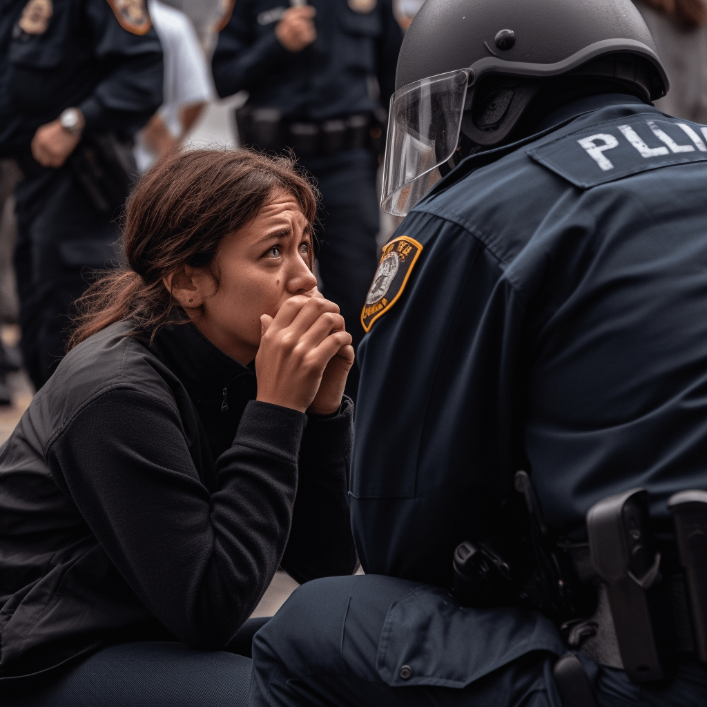 A girl who appears to be in distress is talking to a police officer