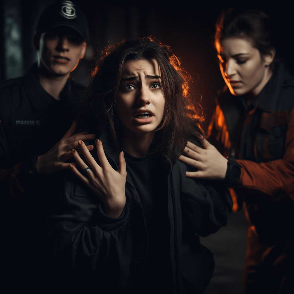 Two police officers reaching out to a scared young woman