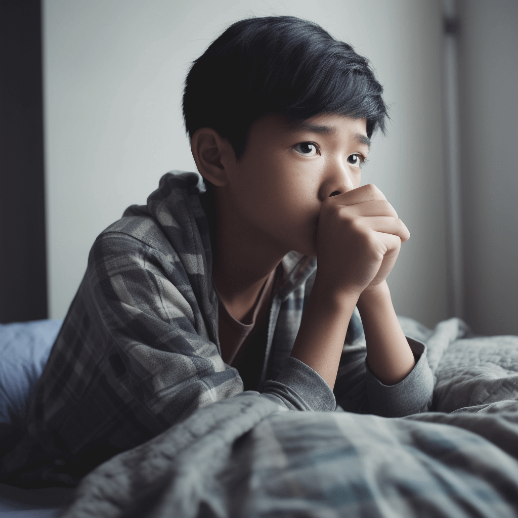 An Asian teenage boy sitting on the corner of a bed, hands on his face, looking afraid