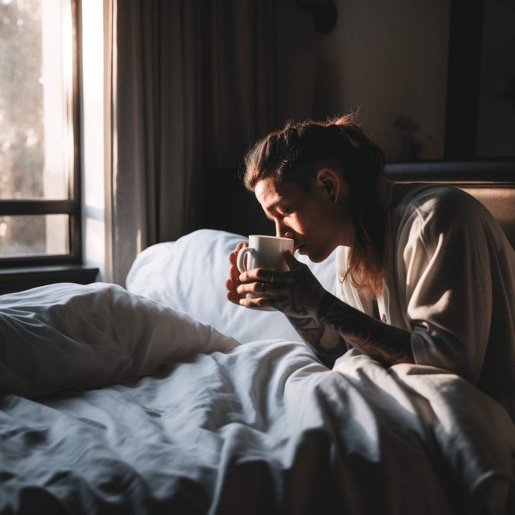 A person with eyes closed is holding a mug of coffee while tucked inside a heavy blanket