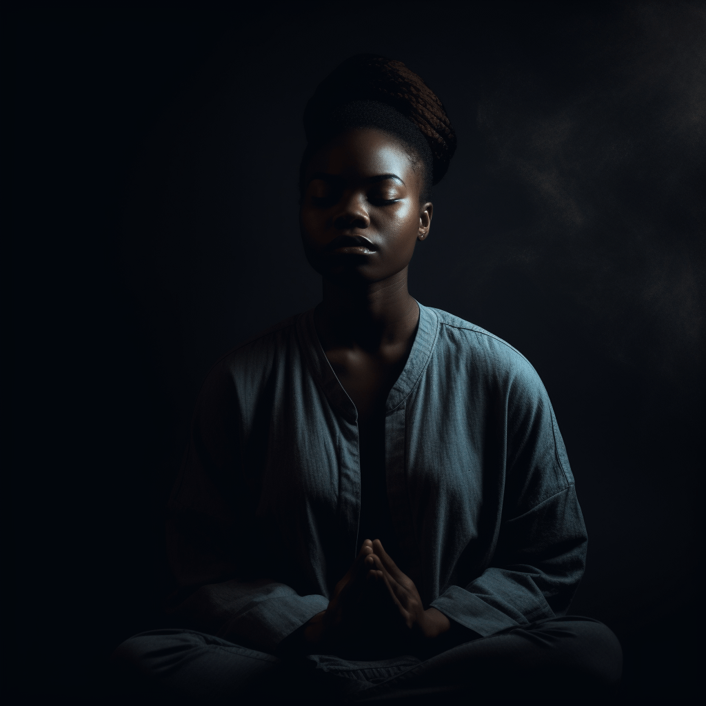 A person sitting in a meditative pose with their hands joined and eyes closed