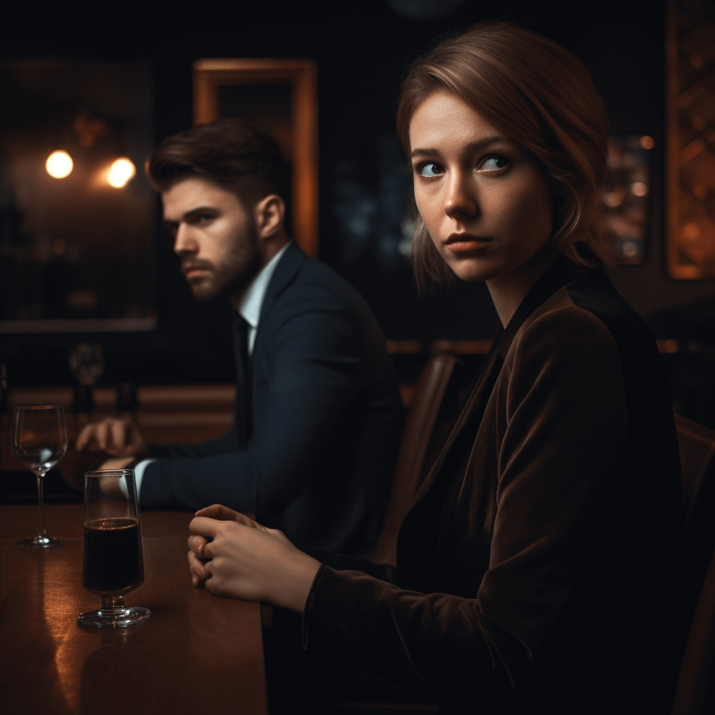 A man and woman seemingly out on a date; the woman looks terrified