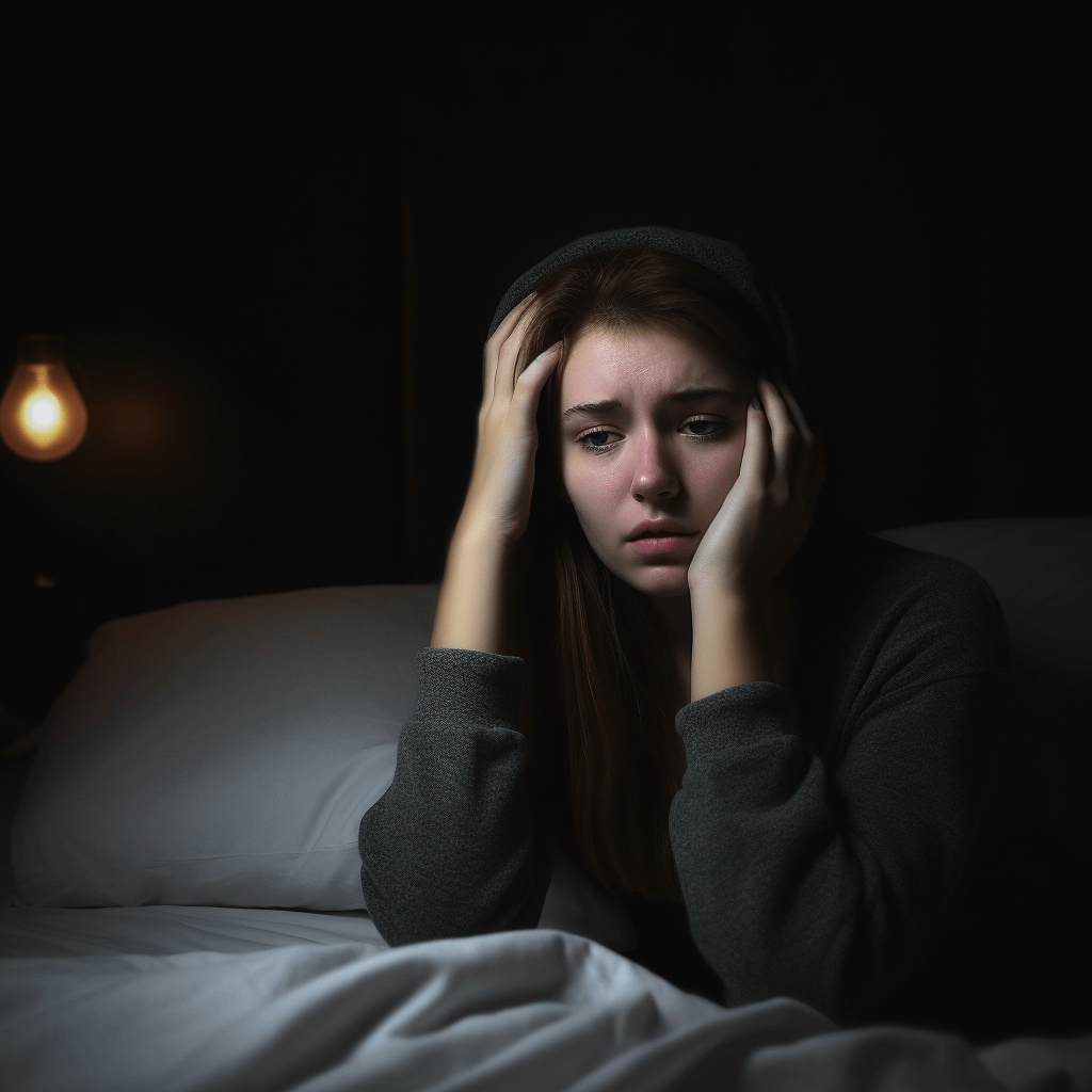 A woman sitting on a bed, looking as if she's trying to remember something unpleasant