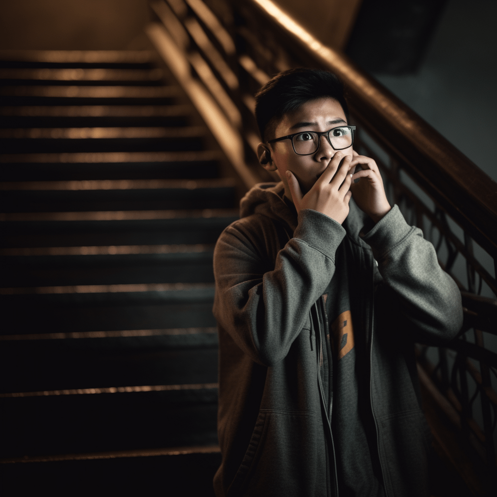 A young man looks terrified as he speaks to someone over his cellphone