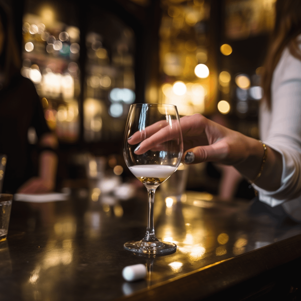 A woman about to pick up a wine glass containing a drink; we can see a large white pill next to it