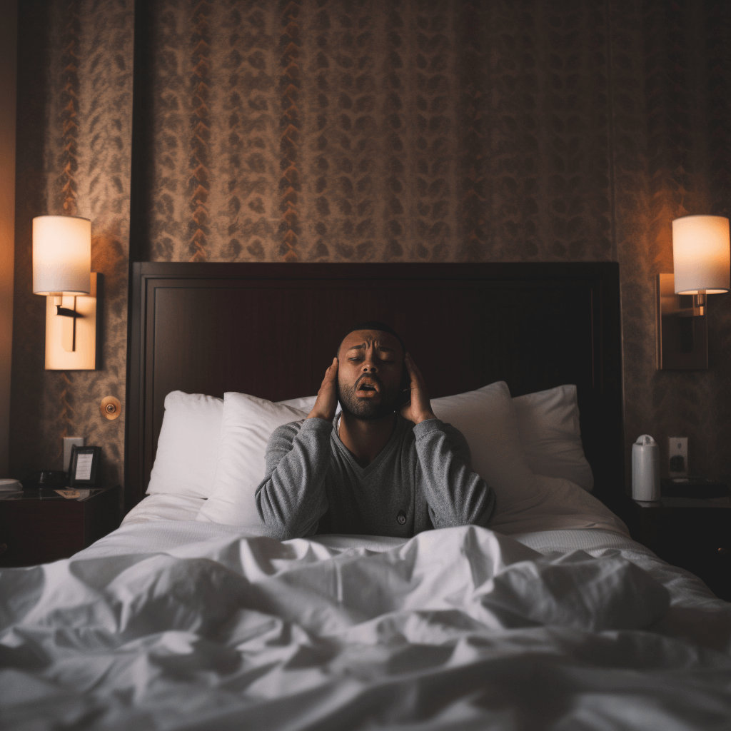 A person sitting up on a bed, looking distressed