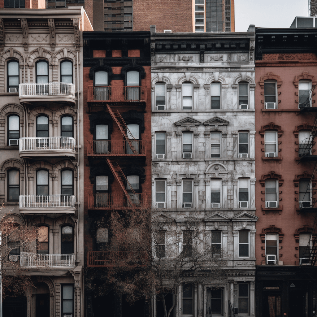 A row of New York City apartments painted in grays and browns
