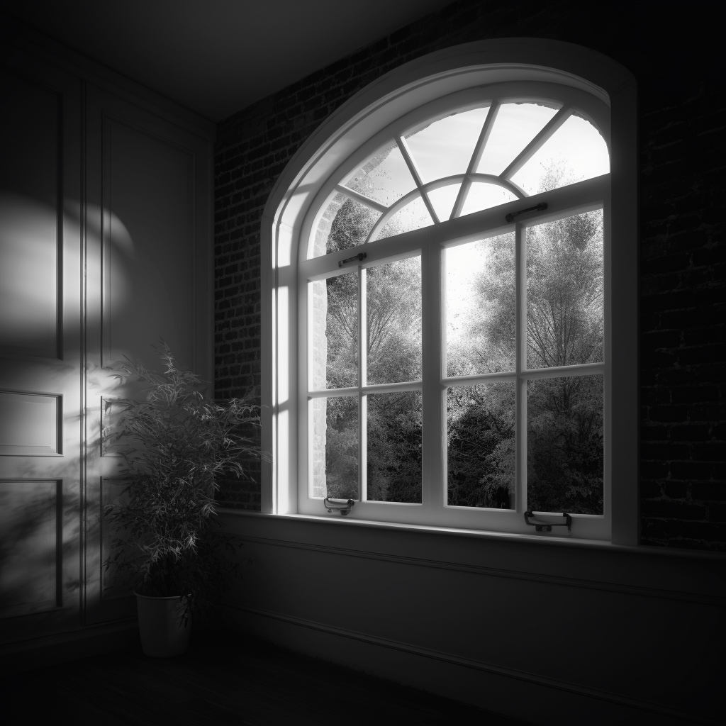 A grayscale photo of a window looking out on a forest