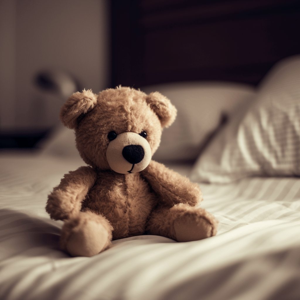 Teddy bear sitting on bed