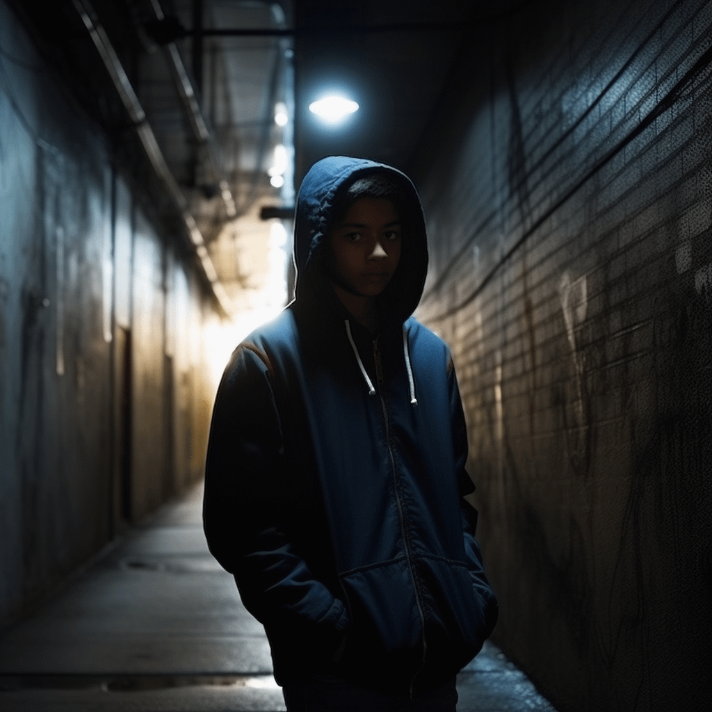 A young boy of color at a dark alley, looking worried