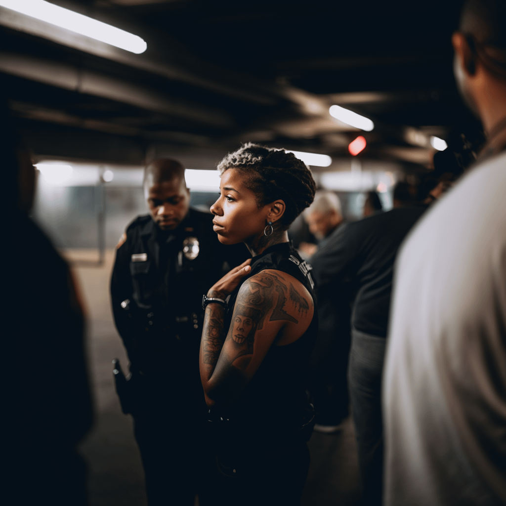 A woman covered in tattoos appears fearful; a police officer nearby