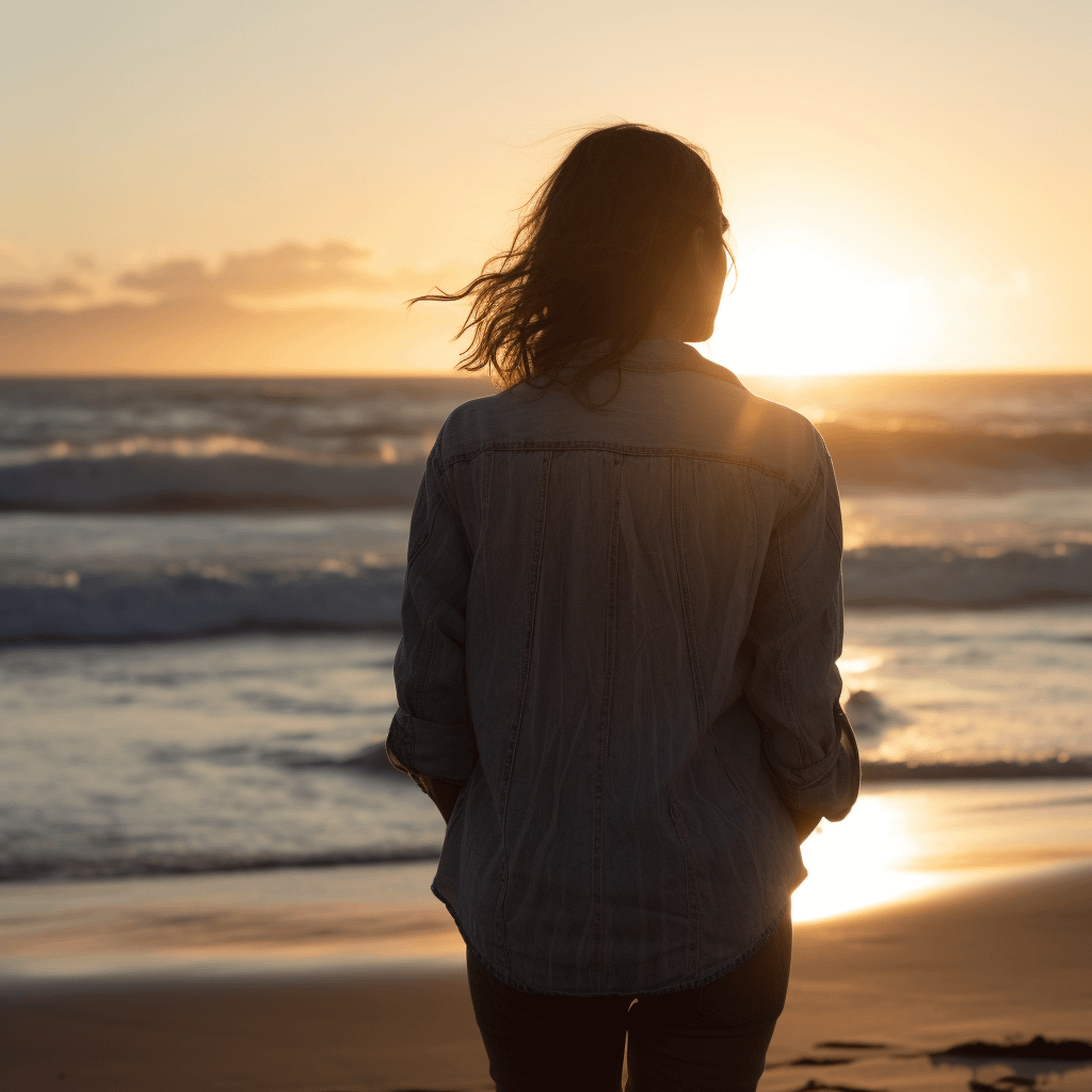 A woman with brown hair faces the ocean, watching the sunset