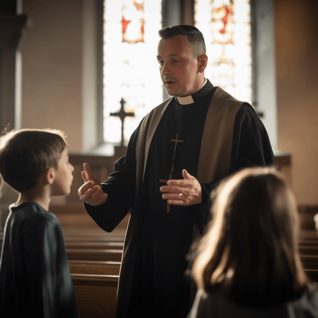 A priest talking to kids in a church