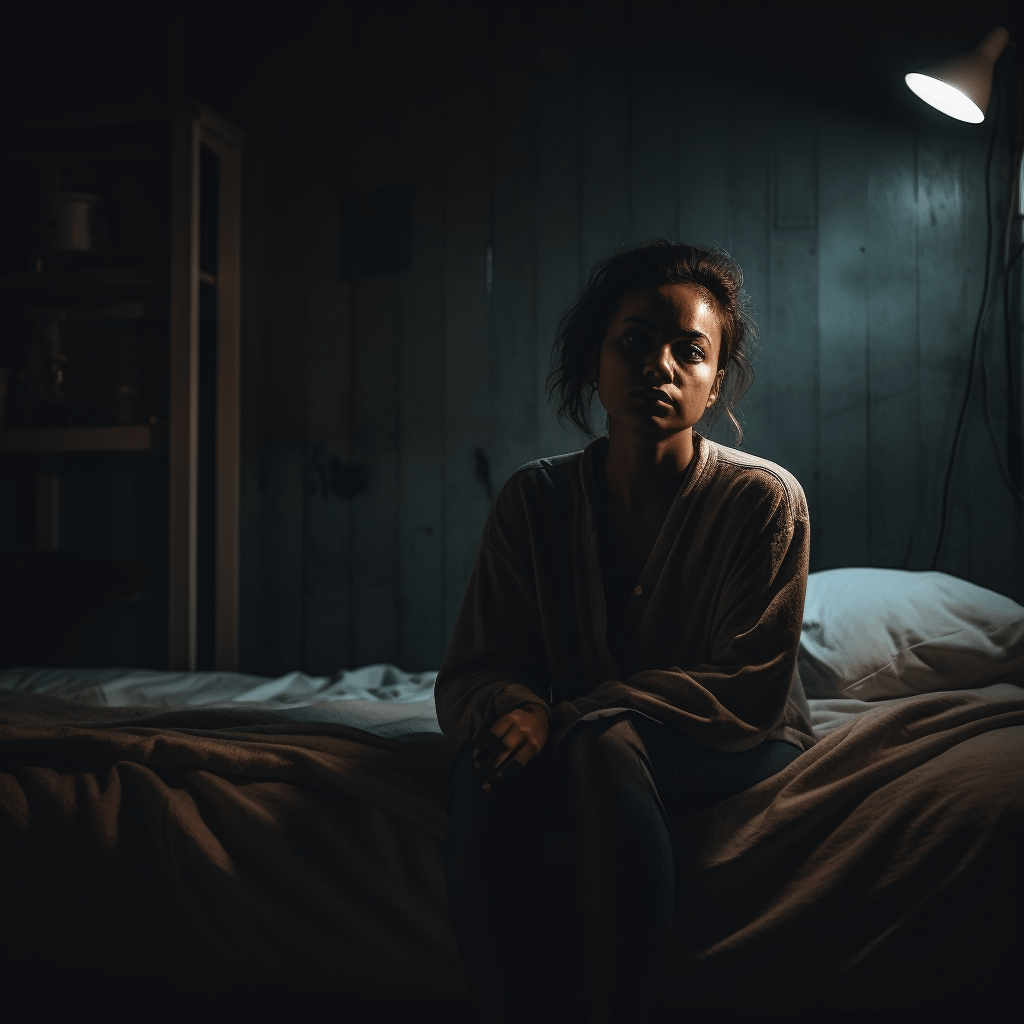 A woman sitting on her bed in the dark